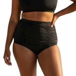 Black High Waisted Rouching Tummy Control Swim Bottoms XL Retro
